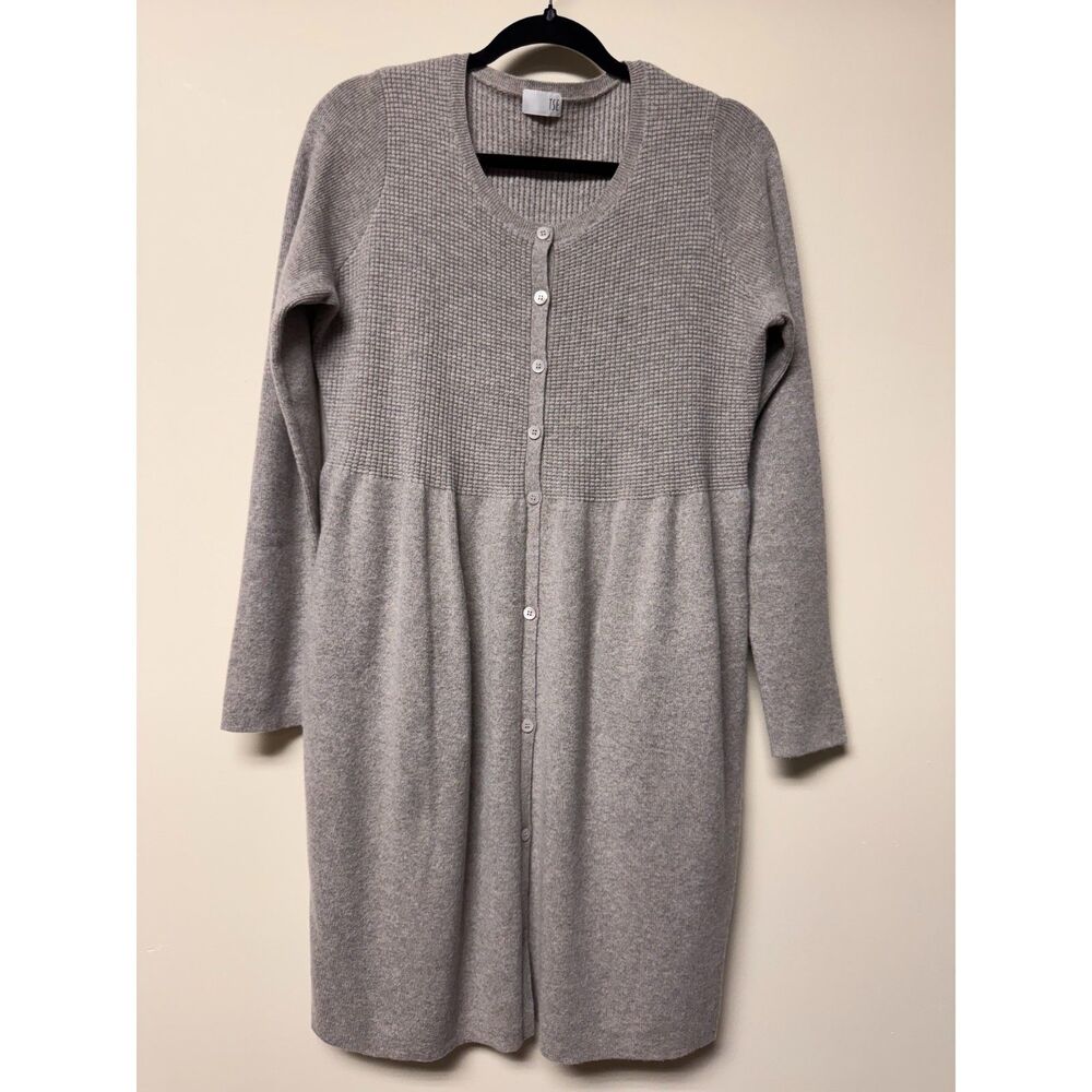 TSE 100% Cashmere Cardigan Mixed Knit Button Front Sweater Dress, Lt Gray, Sz M